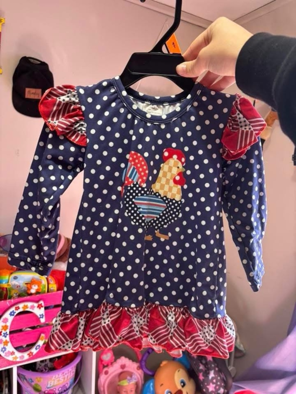 Girls Navy Polka Dot Rooster Ruffle Dress - Navy & Red